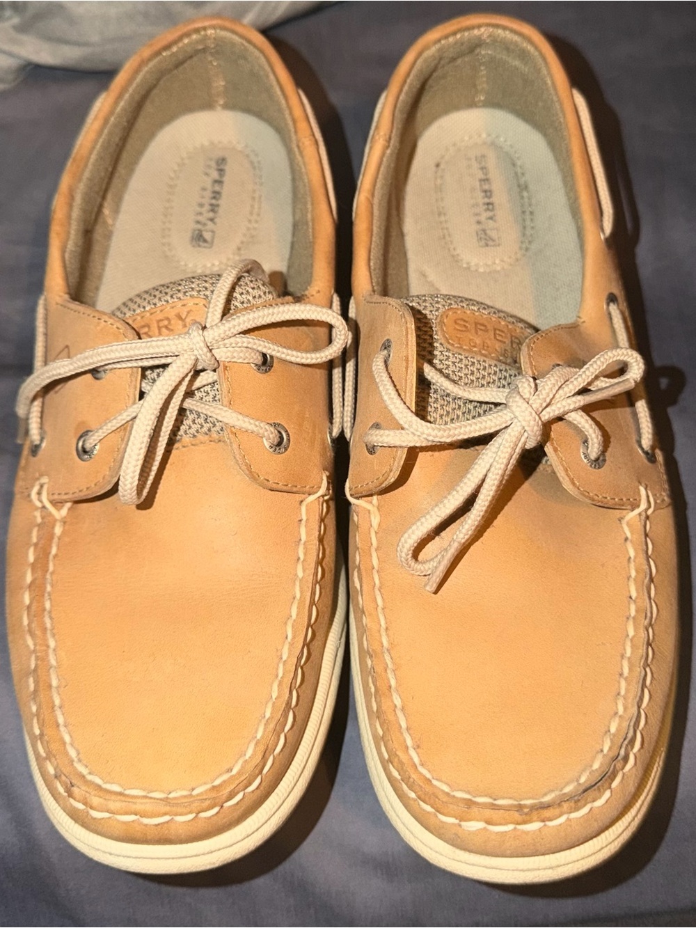 Sperry Women's Tan Leather Boat Shoes with Cream Laces